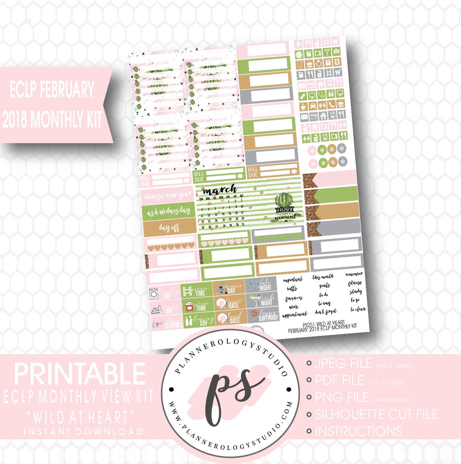 Wild at Heart February 2018 Monthly View Kit Printable Planner Stickers (for use with ECLP) - Plannerologystudio