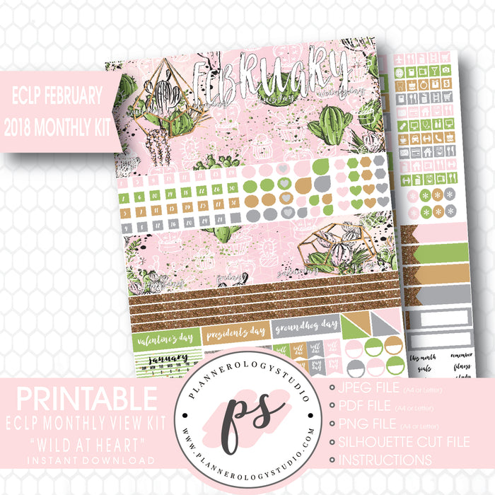 Wild at Heart February 2018 Monthly View Kit Printable Planner Stickers (for use with ECLP) - Plannerologystudio