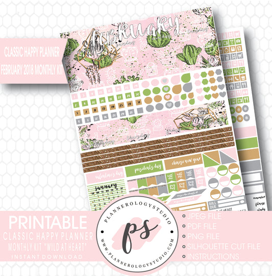 Wild at Heart February 2018 Monthly View Kit Printable Planner Stickers (for use with Classic Happy Planner) - Plannerologystudio