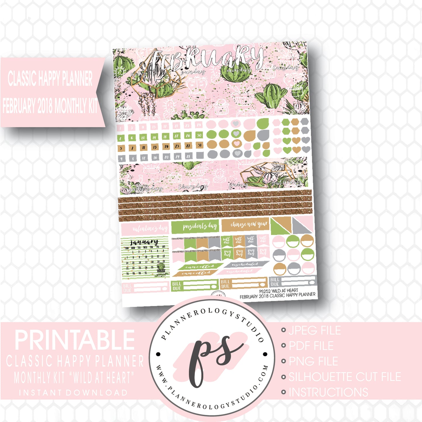 Wild at Heart February 2018 Monthly View Kit Printable Planner Stickers (for use with Classic Happy Planner) - Plannerologystudio
