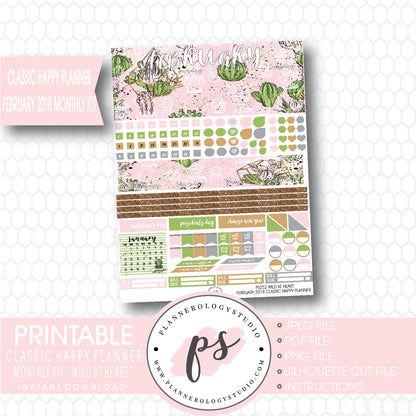 Wild at Heart February 2018 Monthly View Kit Printable Planner Stickers (for use with Classic Happy Planner) - Plannerologystudio