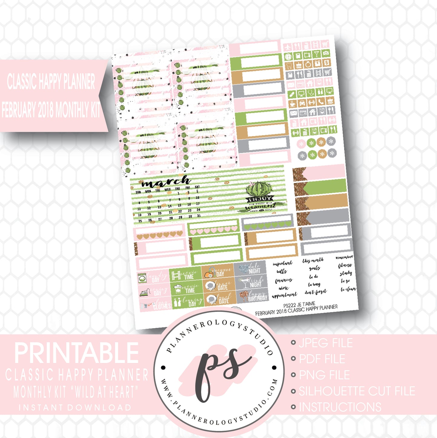 Wild at Heart February 2018 Monthly View Kit Printable Planner Stickers (for use with Classic Happy Planner) - Plannerologystudio
