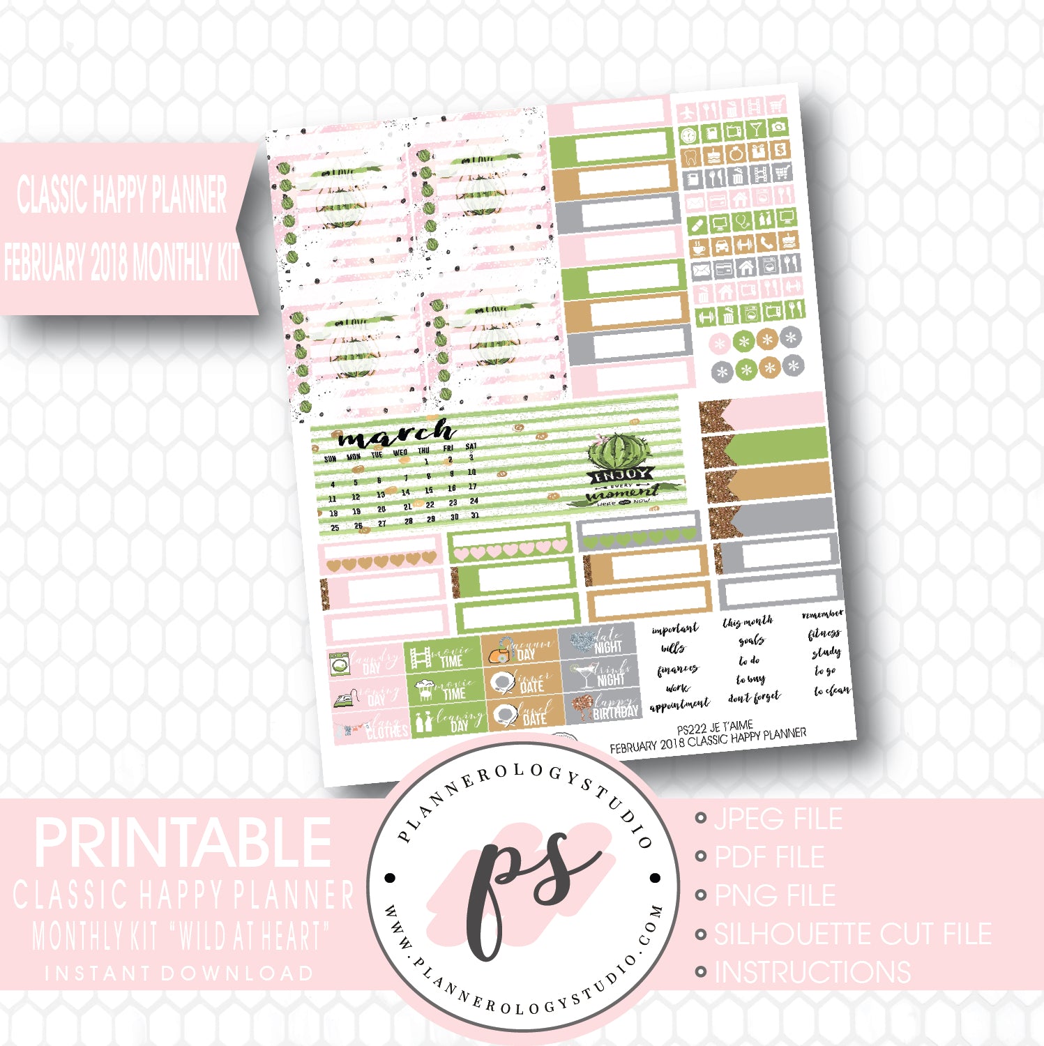 Wild at Heart February 2018 Monthly View Kit Printable Planner Stickers (for use with Classic Happy Planner) - Plannerologystudio