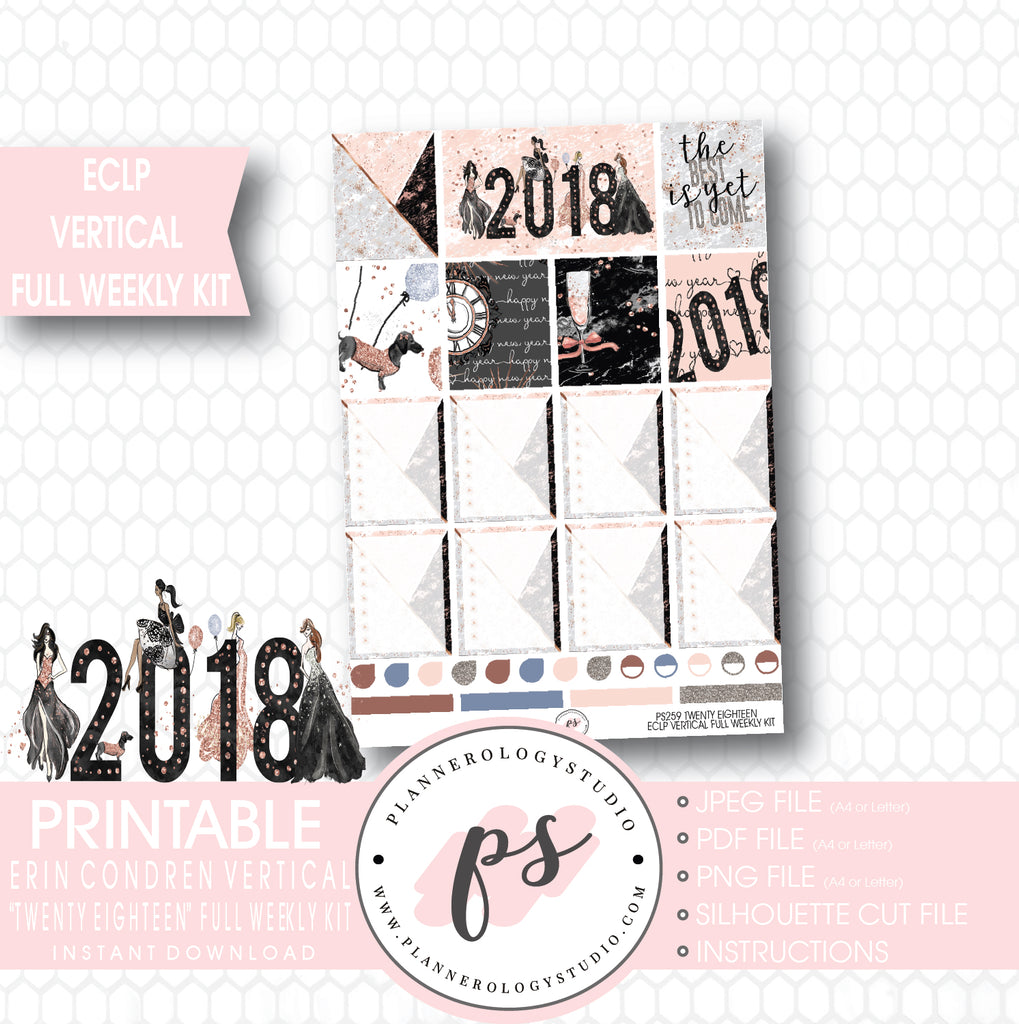 Twenty Eighteen 2018 New Year's Full Weekly Kit Printable Planner Stickers (for use with ECLP Vertical) - Plannerologystudio