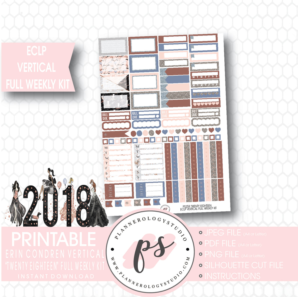 Twenty Eighteen 2018 New Year's Full Weekly Kit Printable Planner Stickers (for use with ECLP Vertical) - Plannerologystudio