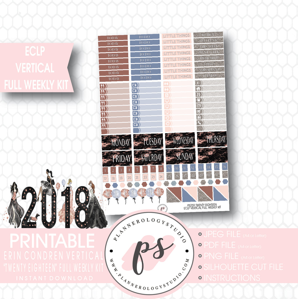Twenty Eighteen 2018 New Year's Full Weekly Kit Printable Planner Stickers (for use with ECLP Vertical) - Plannerologystudio