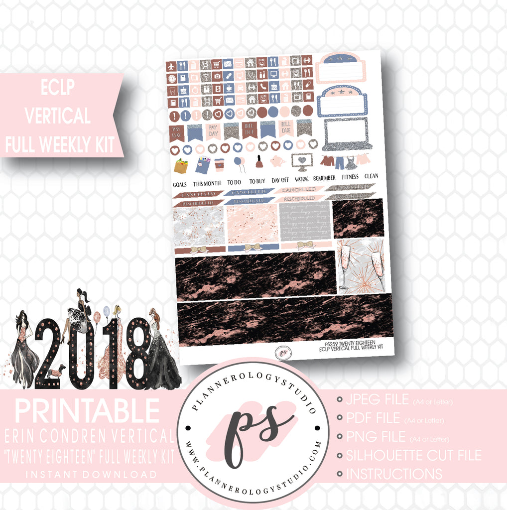 Twenty Eighteen 2018 New Year's Full Weekly Kit Printable Planner Stickers (for use with ECLP Vertical) - Plannerologystudio