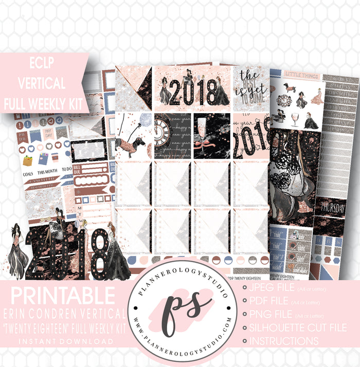 Twenty Eighteen 2018 New Year's Full Weekly Kit Printable Planner Stickers (for use with ECLP Vertical) - Plannerologystudio