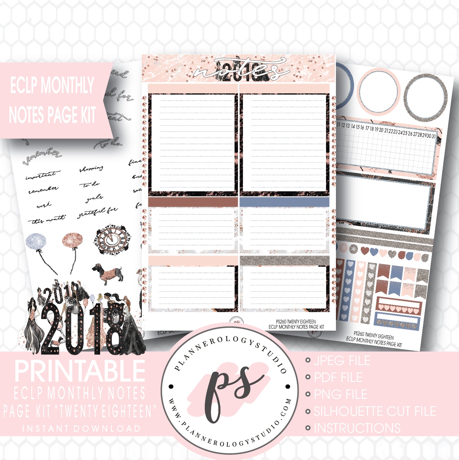 Twenty Eighteen 2018 New Year's Monthly Notes Page Kit Printable Planner Stickers (for use with ECLP) - Plannerologystudio