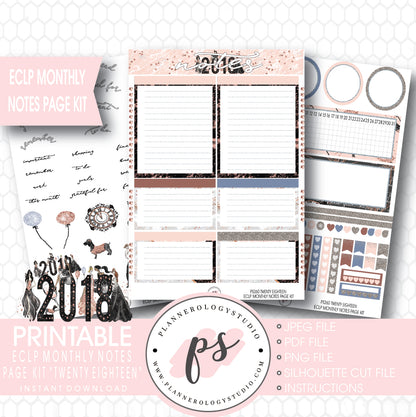 Twenty Eighteen 2018 New Year's Monthly Notes Page Kit Printable Planner Stickers (for use with ECLP) - Plannerologystudio