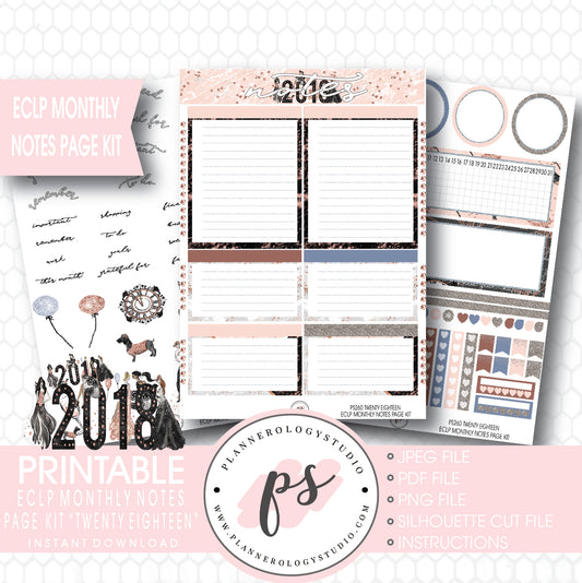 Twenty Eighteen 2018 New Year's Monthly Notes Page Kit Printable Planner Stickers (for use with ECLP) - Plannerologystudio