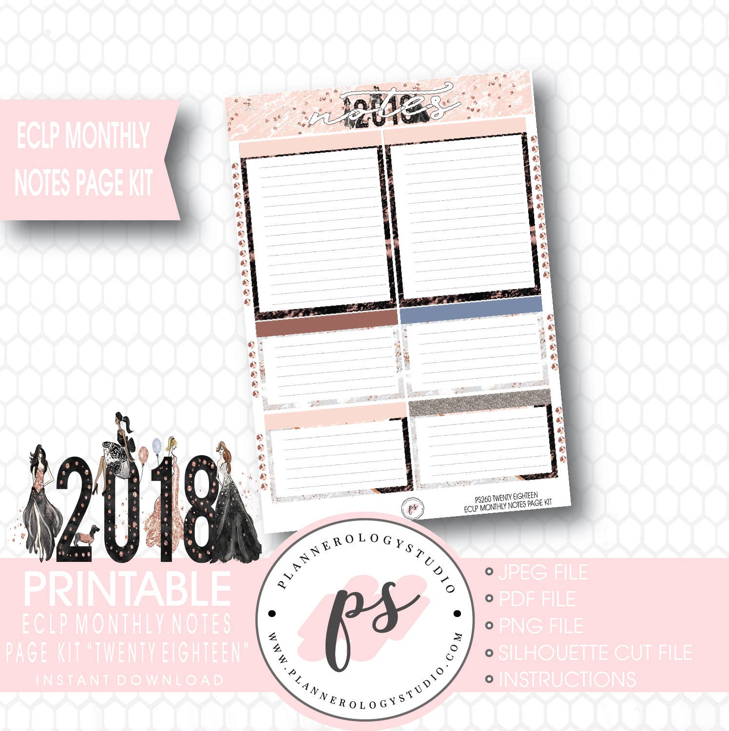 Twenty Eighteen 2018 New Year's Monthly Notes Page Kit Printable Planner Stickers (for use with ECLP) - Plannerologystudio