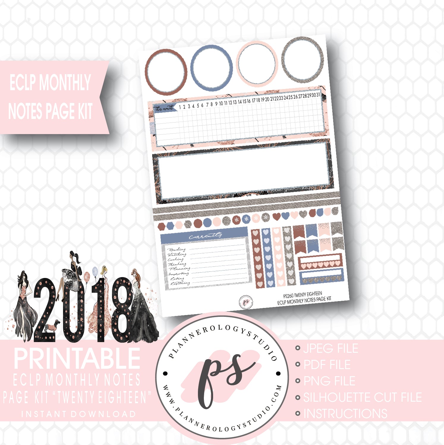 Twenty Eighteen 2018 New Year's Monthly Notes Page Kit Printable Planner Stickers (for use with ECLP) - Plannerologystudio