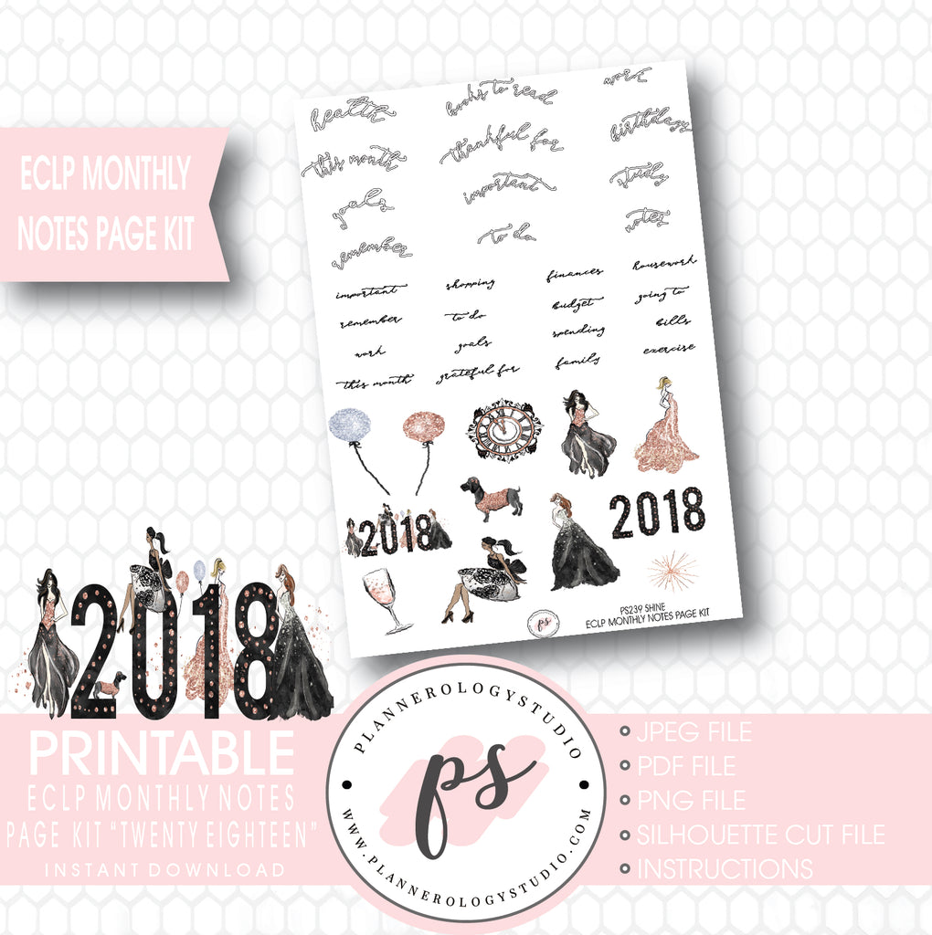 Twenty Eighteen 2018 New Year's Monthly Notes Page Kit Printable Planner Stickers (for use with ECLP) - Plannerologystudio