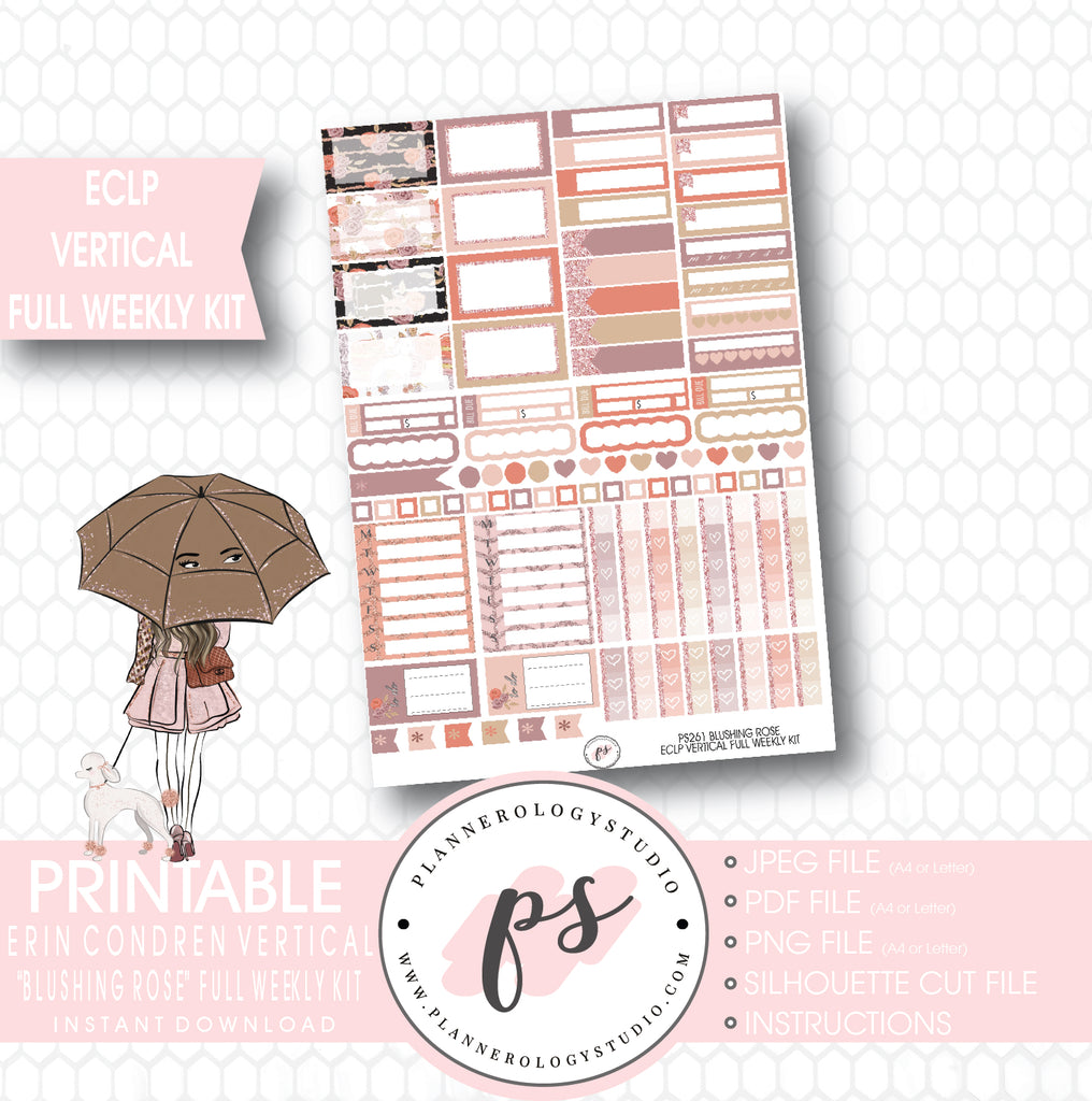 Blushing Rose Full Weekly Kit Printable Planner Stickers (for use with ECLP Vertical) - Plannerologystudio