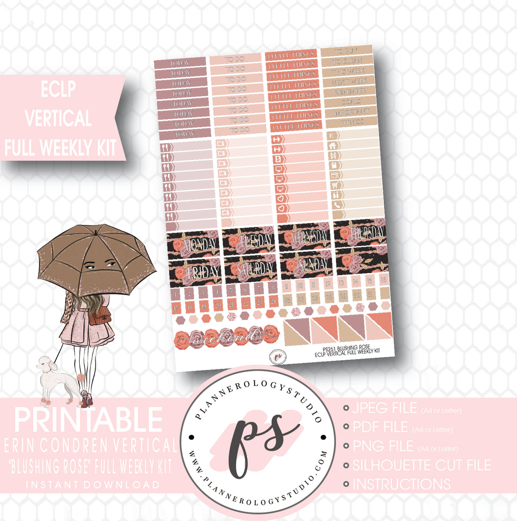 Blushing Rose Full Weekly Kit Printable Planner Stickers (for use with ECLP Vertical) - Plannerologystudio