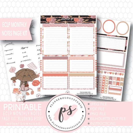 Blushing Rose Monthly Notes Page Kit Printable Planner Stickers (for use with ECLP) - Plannerologystudio