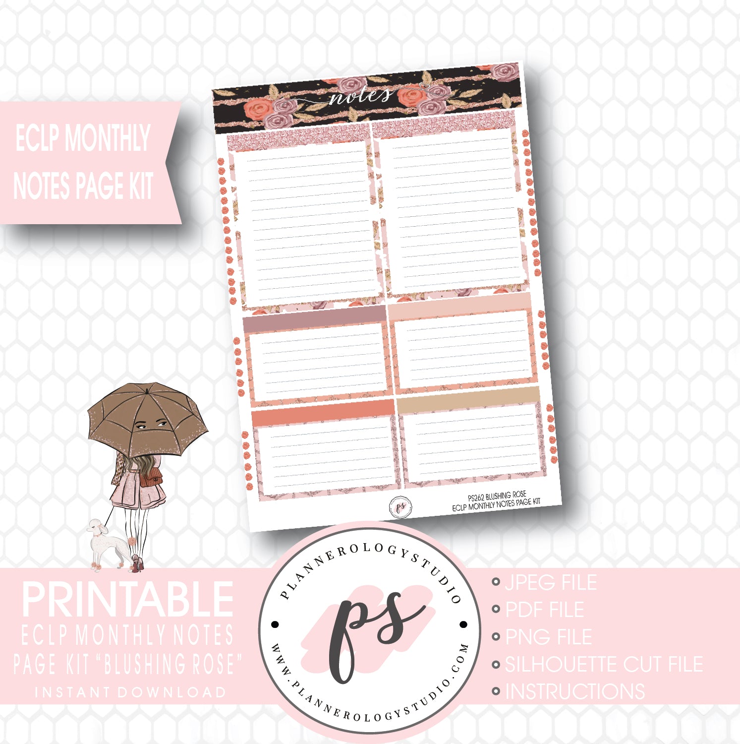 Blushing Rose Monthly Notes Page Kit Printable Planner Stickers (for use with ECLP) - Plannerologystudio