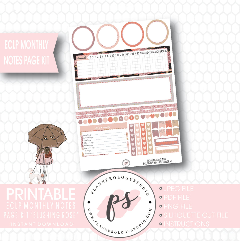 Blushing Rose Monthly Notes Page Kit Printable Planner Stickers (for use with ECLP) - Plannerologystudio