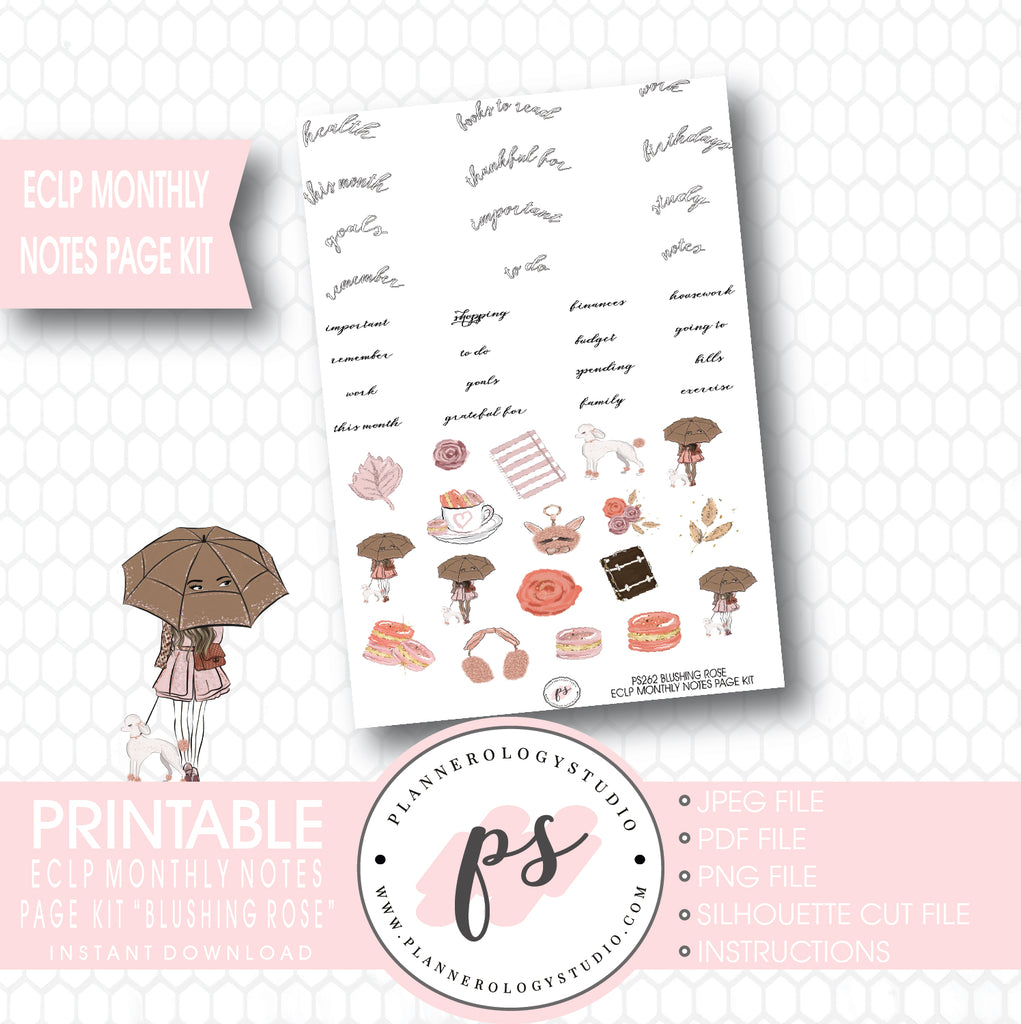 Blushing Rose Monthly Notes Page Kit Printable Planner Stickers (for use with ECLP) - Plannerologystudio