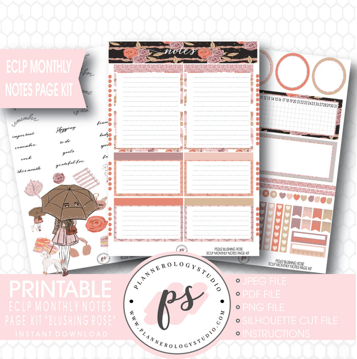 Blushing Rose Monthly Notes Page Kit Printable Planner Stickers (for use with ECLP) - Plannerologystudio