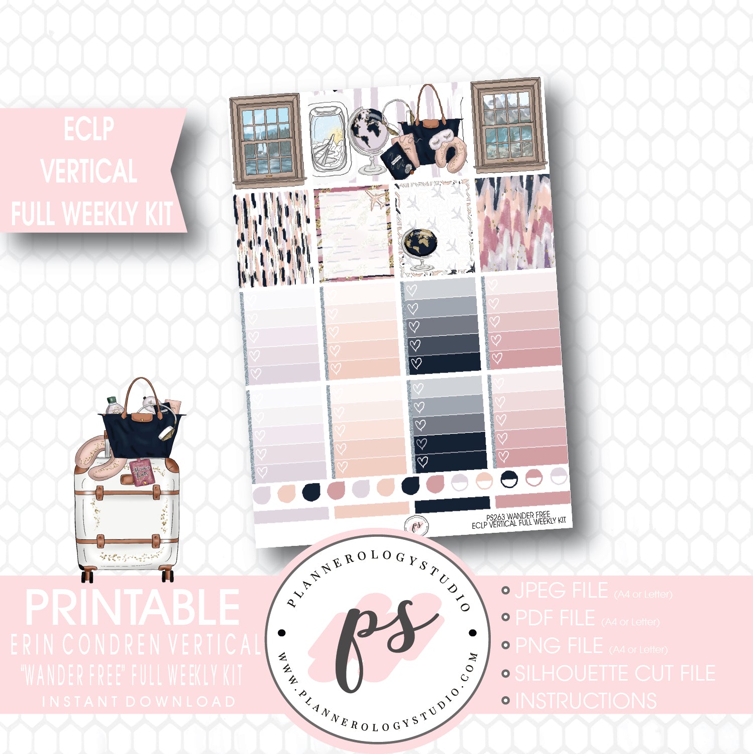 Wander Free Full Weekly Kit Printable Planner Stickers (for use with ECLP Vertical) - Plannerologystudio