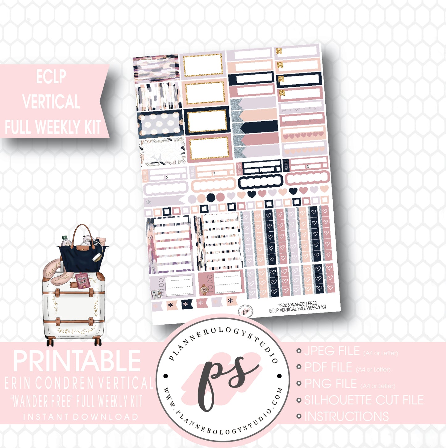Wander Free Full Weekly Kit Printable Planner Stickers (for use with ECLP Vertical) - Plannerologystudio