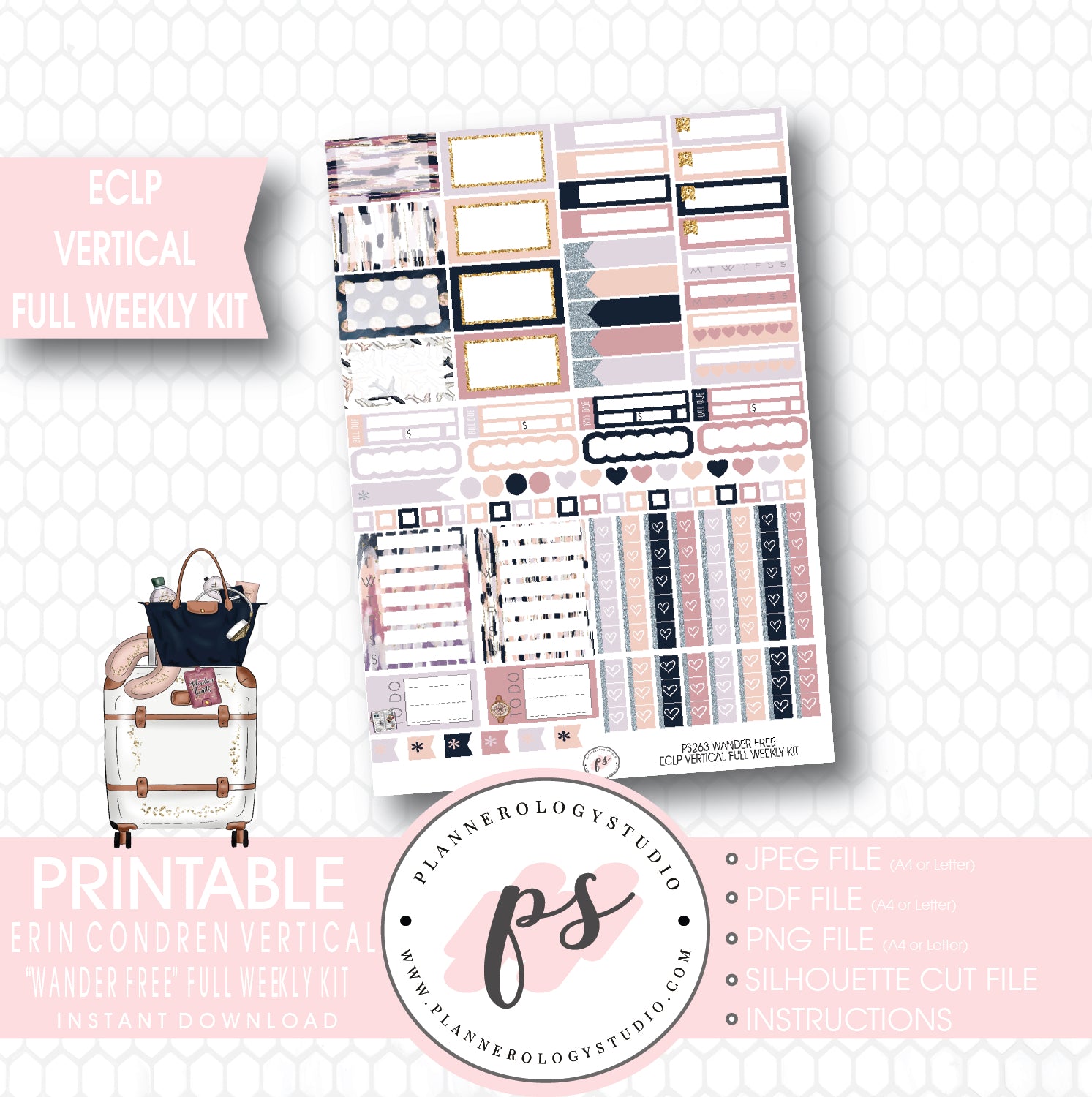 Wander Free Full Weekly Kit Printable Planner Stickers (for use with ECLP Vertical) - Plannerologystudio