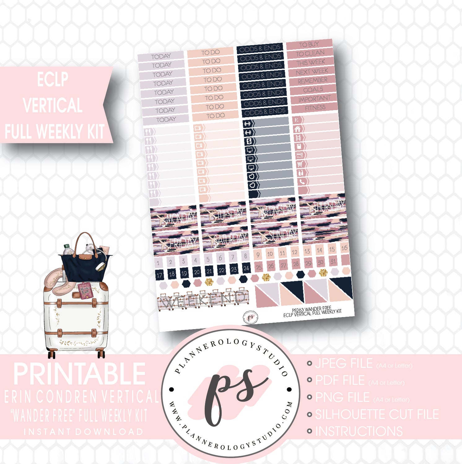 Wander Free Full Weekly Kit Printable Planner Stickers (for use with ECLP Vertical) - Plannerologystudio