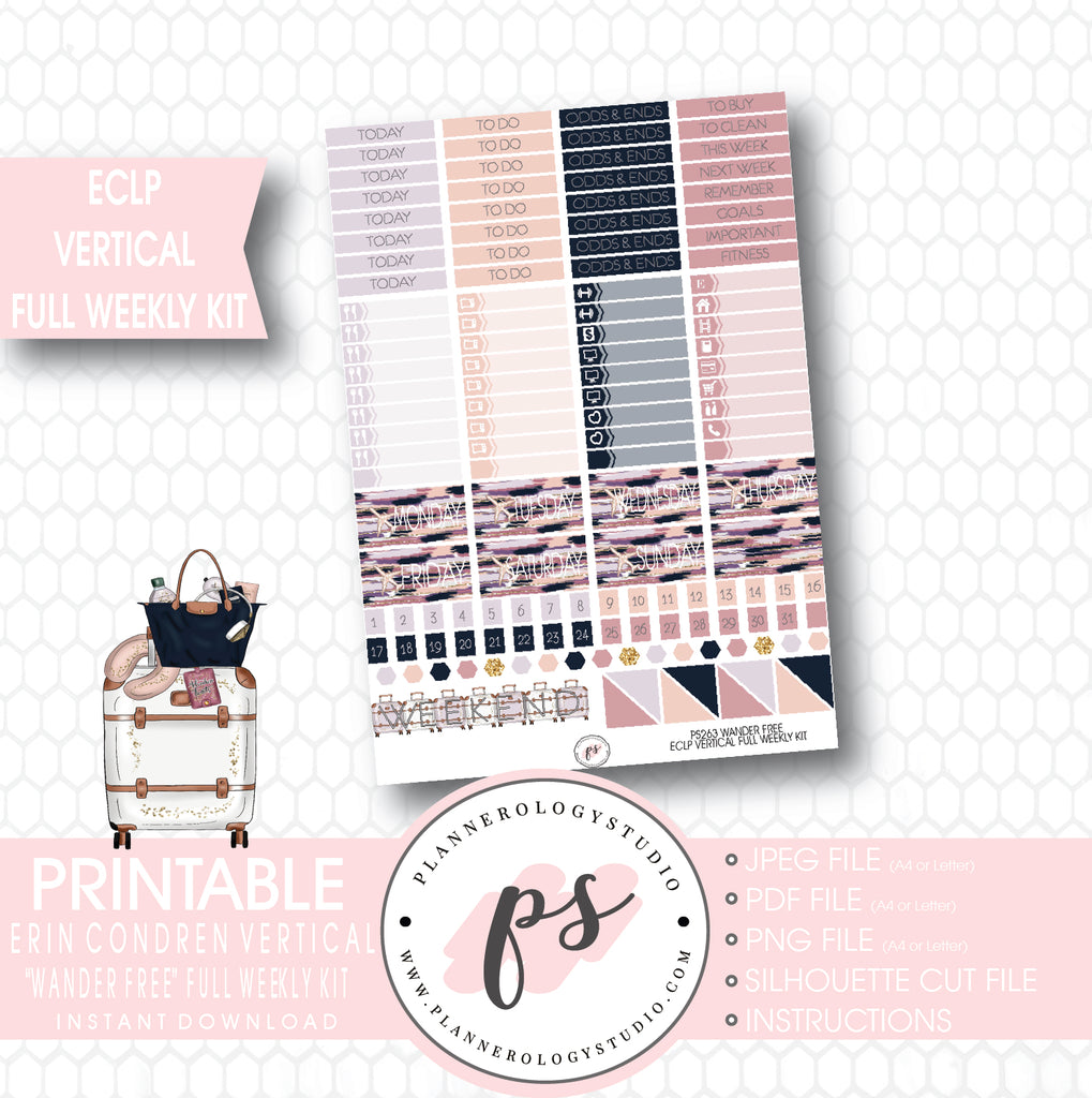 Wander Free Full Weekly Kit Printable Planner Stickers (for use with ECLP Vertical) - Plannerologystudio