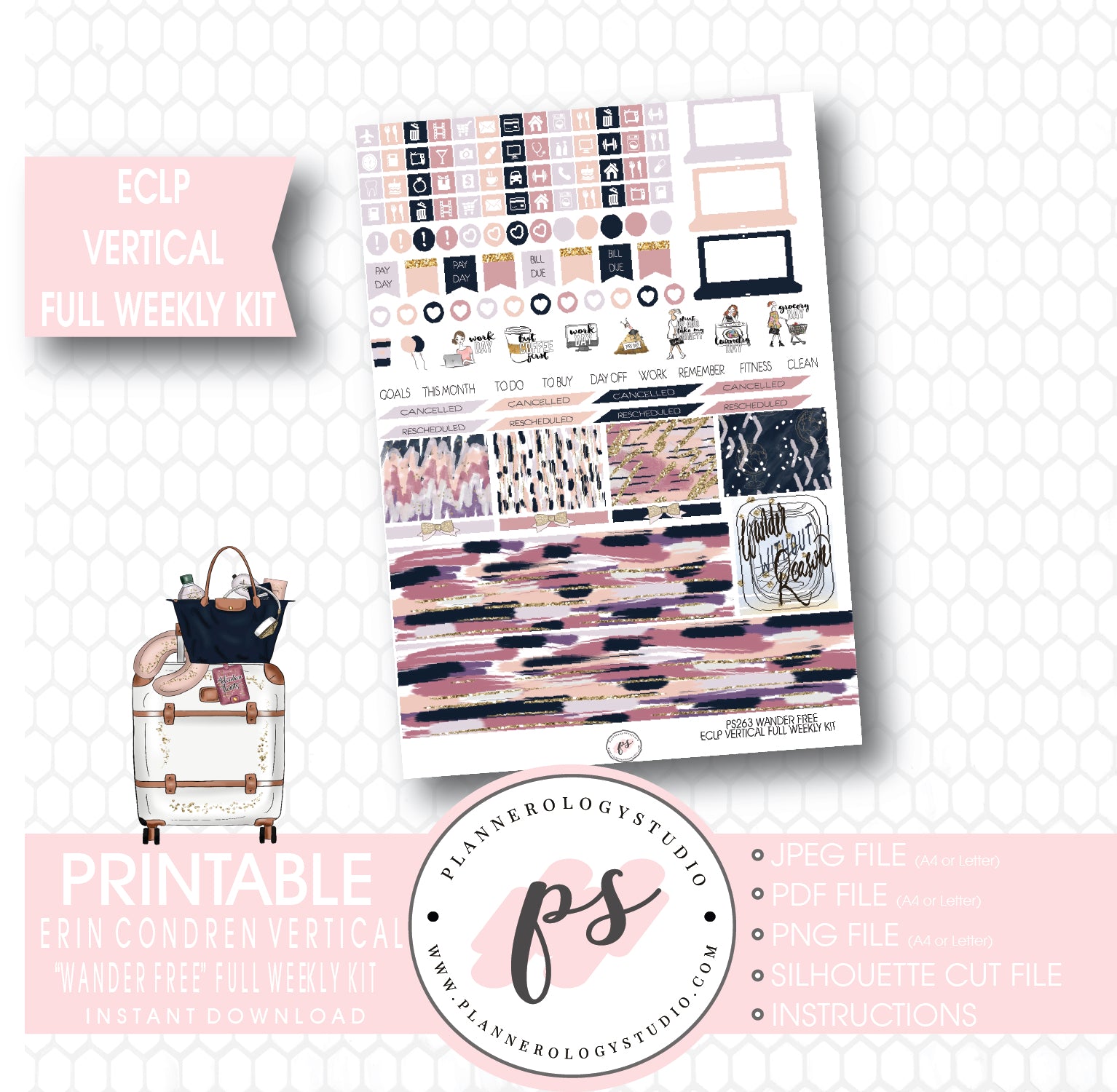 Wander Free Full Weekly Kit Printable Planner Stickers (for use with ECLP Vertical) - Plannerologystudio