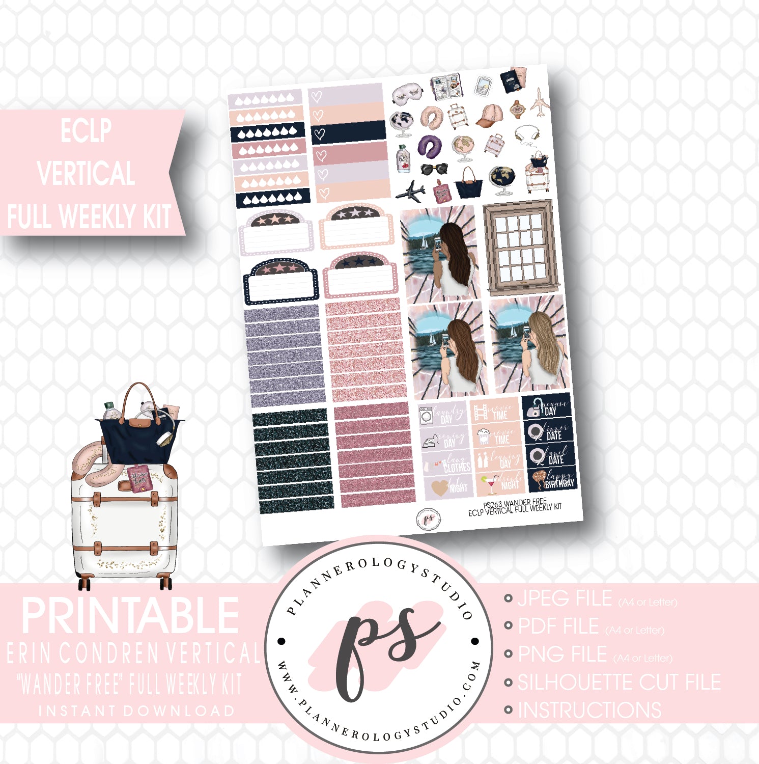 Wander Free Full Weekly Kit Printable Planner Stickers (for use with ECLP Vertical) - Plannerologystudio