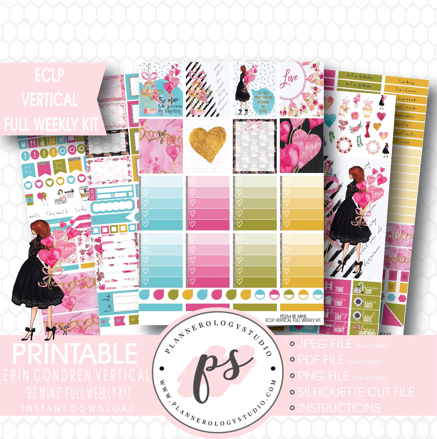 Be Mine Valentine's Day Full Weekly Kit Printable Planner Stickers (for use with ECLP Vertical) - Plannerologystudio
