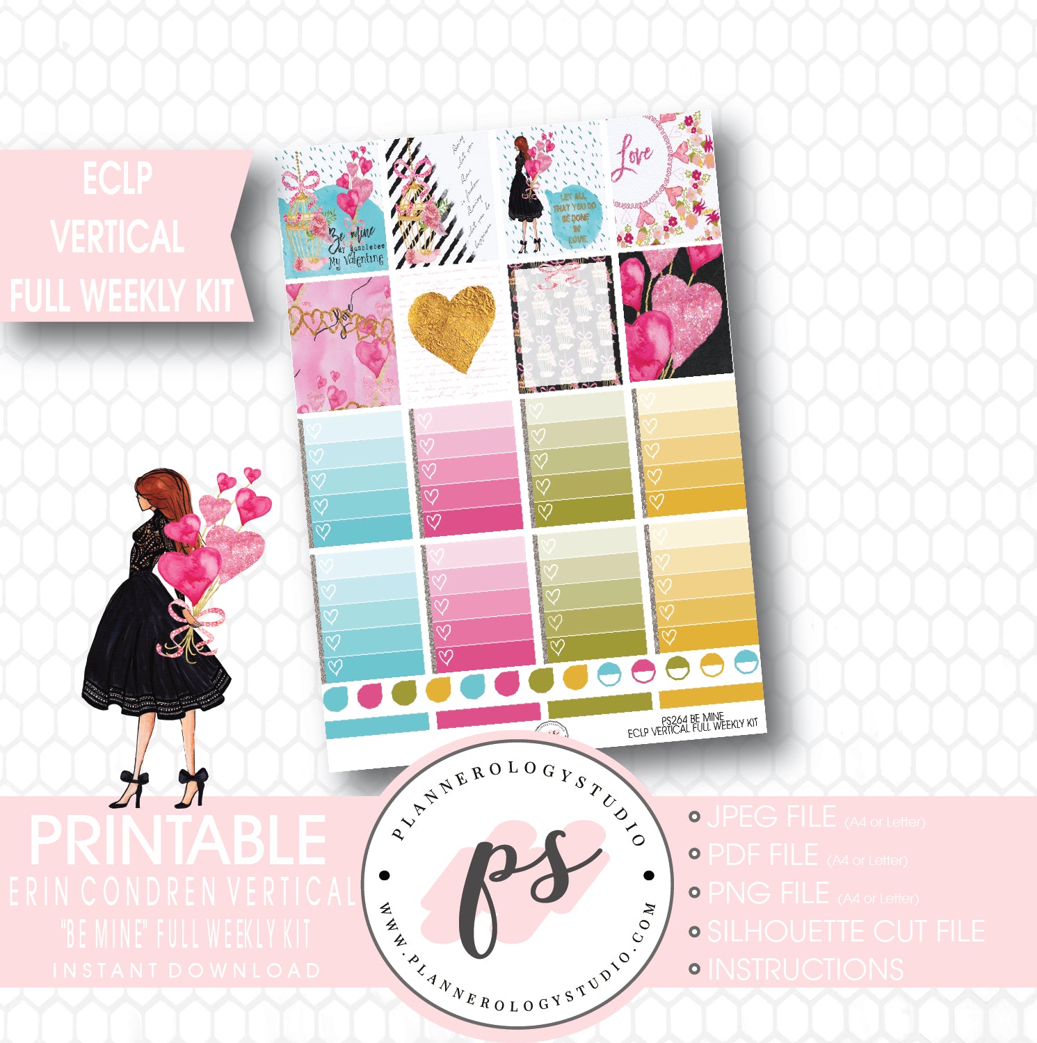 Be Mine Valentine's Day Full Weekly Kit Printable Planner Stickers (for use with ECLP Vertical) - Plannerologystudio