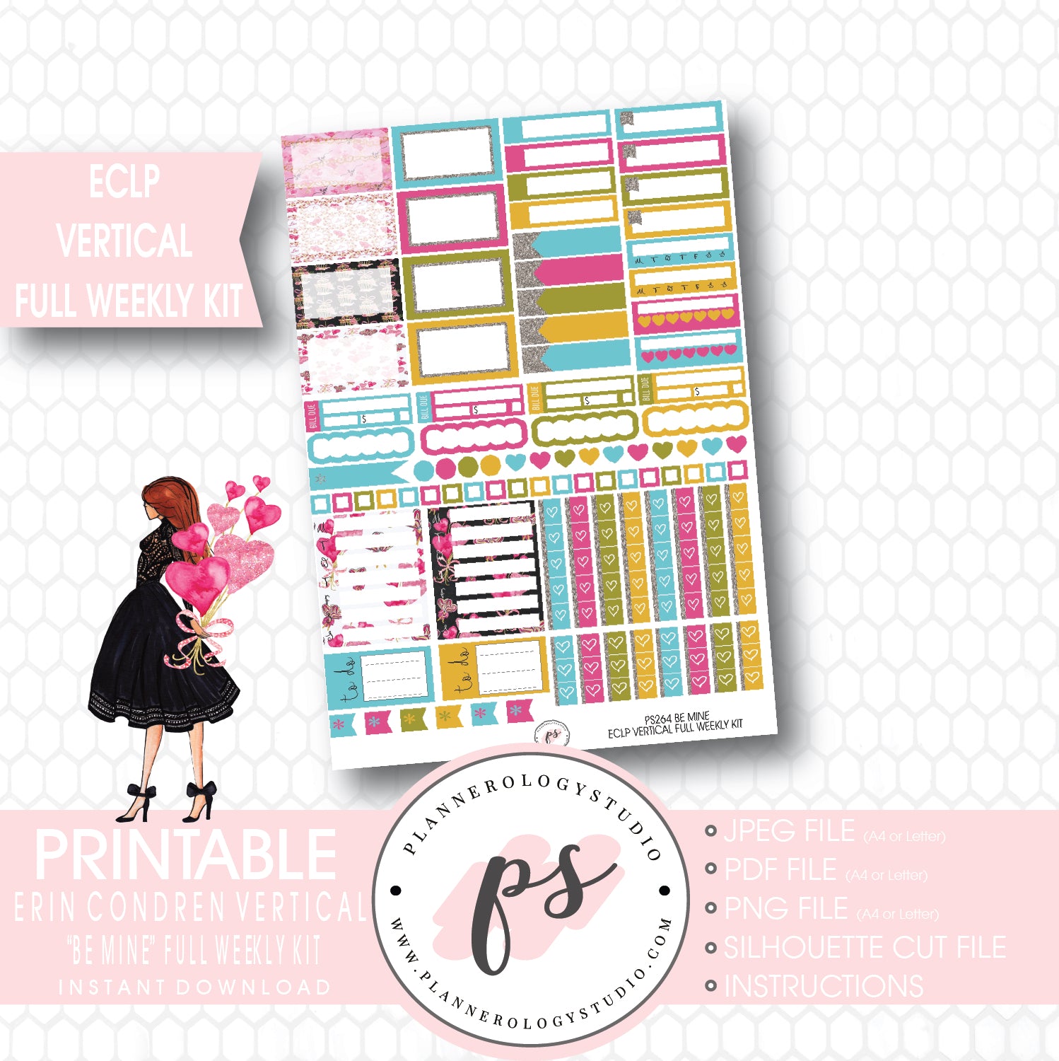 Be Mine Valentine's Day Full Weekly Kit Printable Planner Stickers (for use with ECLP Vertical) - Plannerologystudio