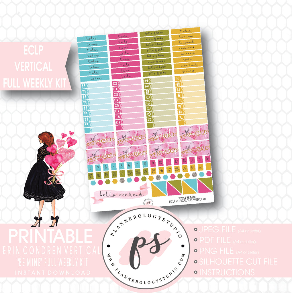 Be Mine Valentine's Day Full Weekly Kit Printable Planner Stickers (for use with ECLP Vertical) - Plannerologystudio