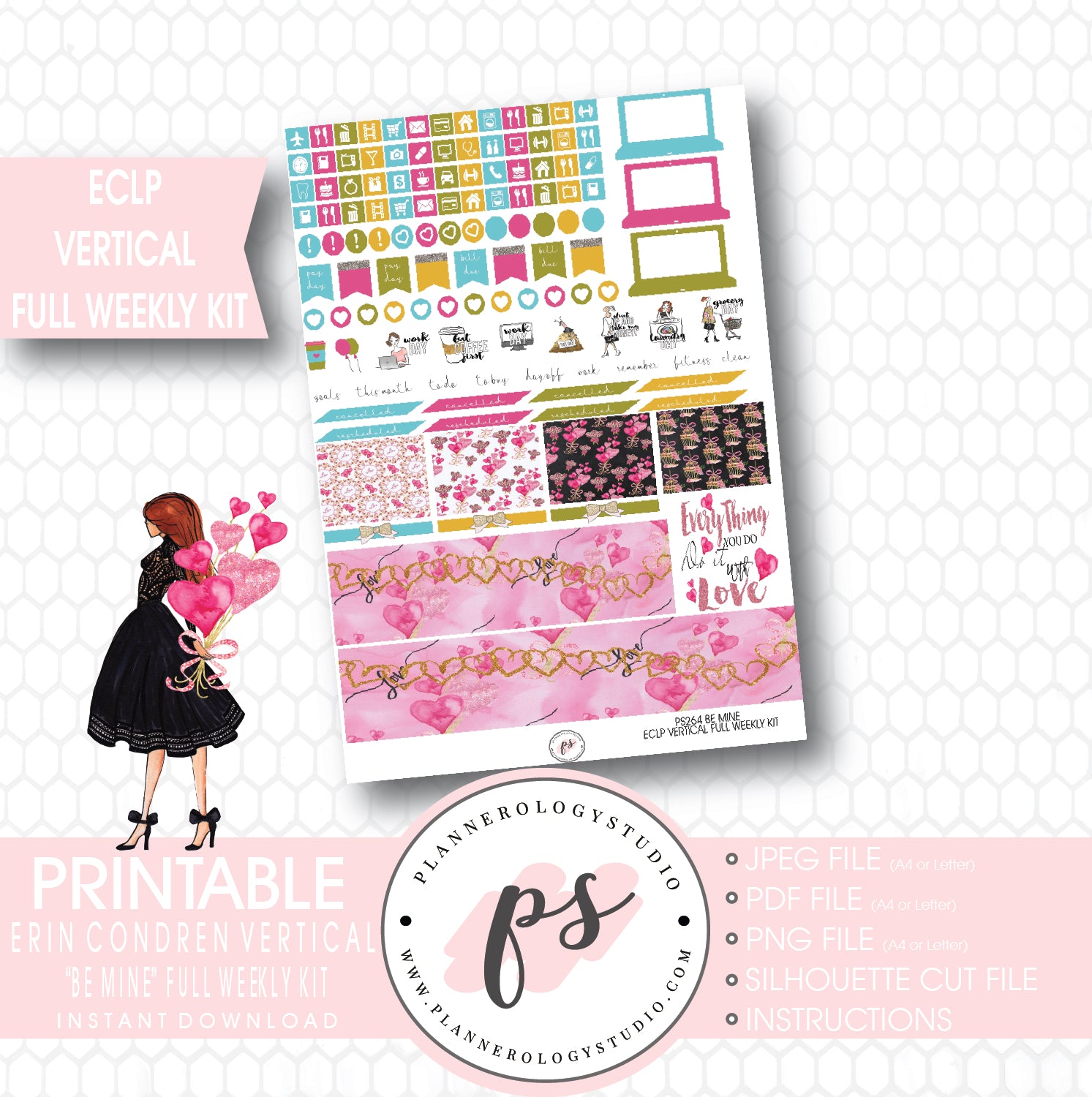 Be Mine Valentine's Day Full Weekly Kit Printable Planner Stickers (for use with ECLP Vertical) - Plannerologystudio