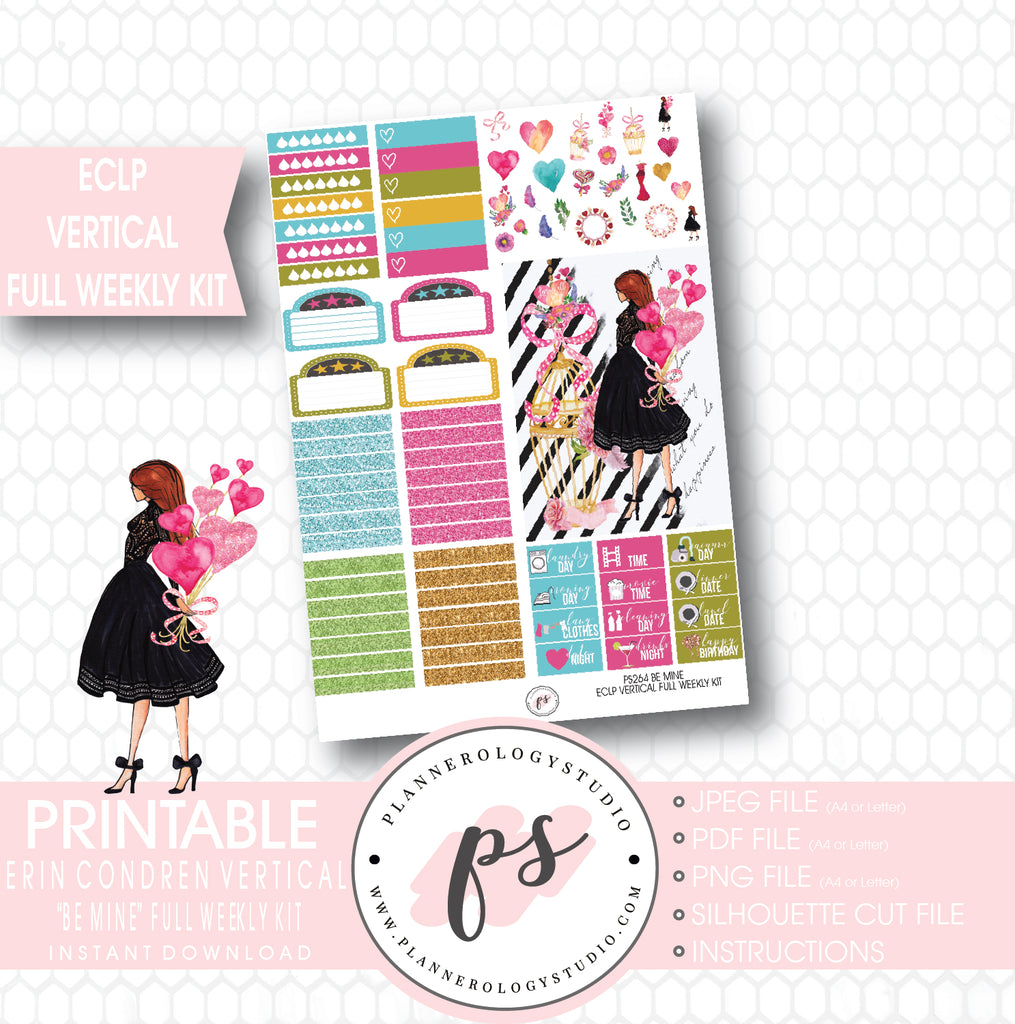Be Mine Valentine's Day Full Weekly Kit Printable Planner Stickers (for use with ECLP Vertical) - Plannerologystudio