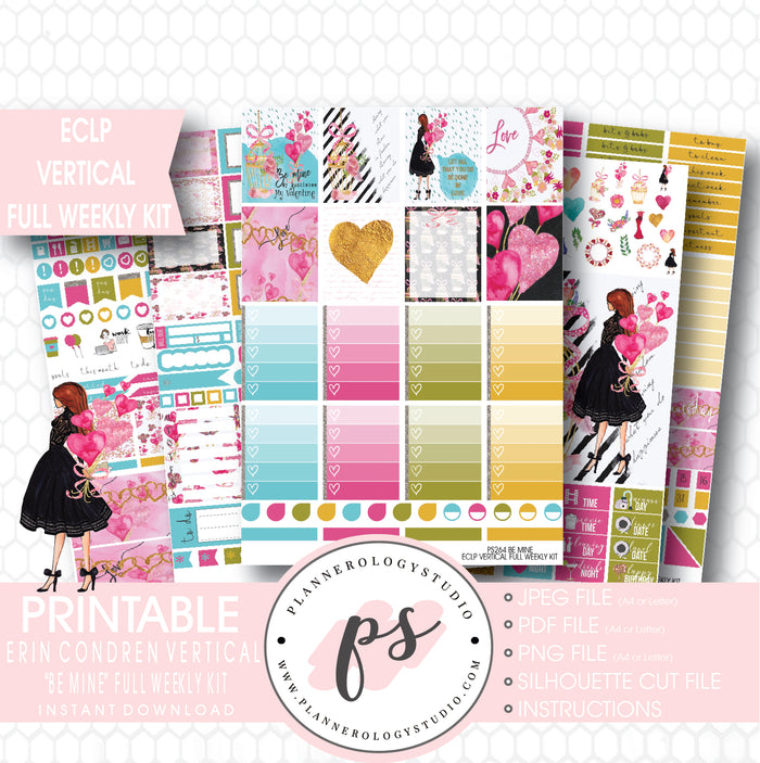 Be Mine Valentine's Day Full Weekly Kit Printable Planner Stickers (for use with ECLP Vertical) - Plannerologystudio