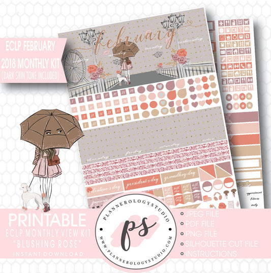 Blushing Rose February 2018 Monthly View Kit Printable Planner Stickers (Dark & Light Skintone) (for use with ECLP) - Plannerologystudio