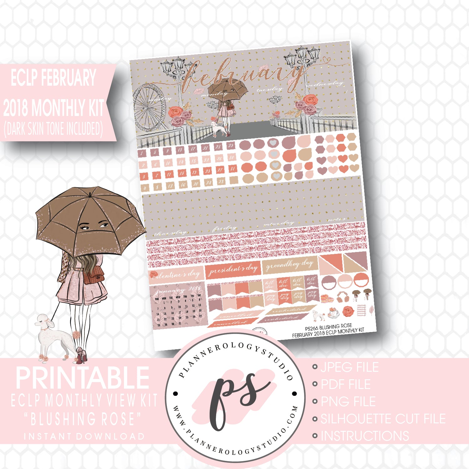 Blushing Rose February 2018 Monthly View Kit Printable Planner Stickers (Dark & Light Skintone) (for use with ECLP) - Plannerologystudio