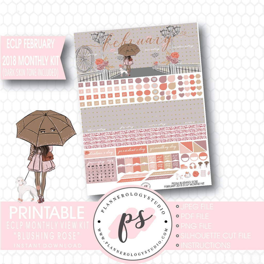 Blushing Rose February 2018 Monthly View Kit Printable Planner Stickers (Dark & Light Skintone) (for use with ECLP) - Plannerologystudio