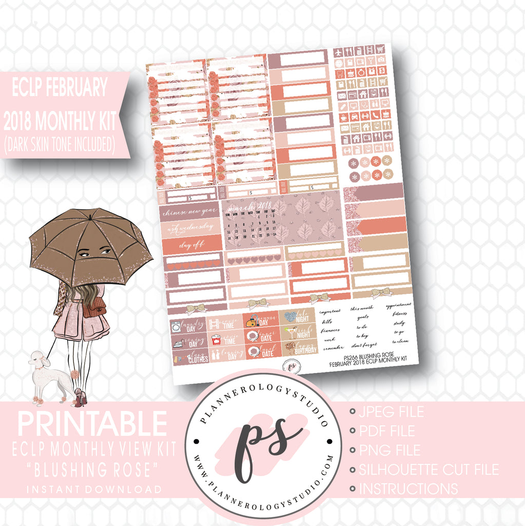 Blushing Rose February 2018 Monthly View Kit Printable Planner Stickers (Dark & Light Skintone) (for use with ECLP) - Plannerologystudio
