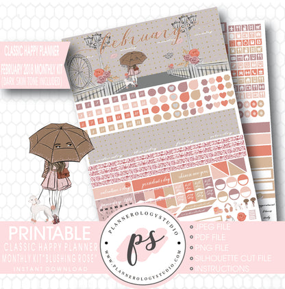 Blushing Rose February 2018 Monthly View Kit Printable Planner Stickers (Dark & Light Skintone) (for use with Classic Happy Planner) - Plannerologystudio
