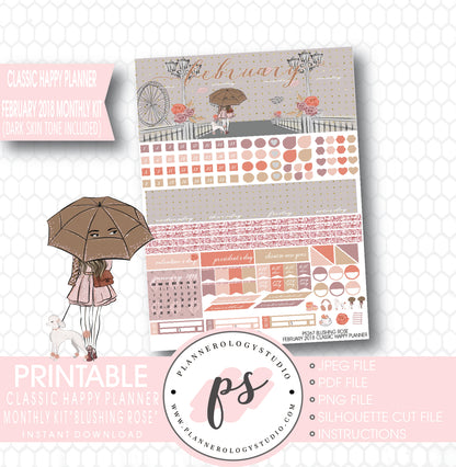 Blushing Rose February 2018 Monthly View Kit Printable Planner Stickers (Dark & Light Skintone) (for use with Classic Happy Planner) - Plannerologystudio