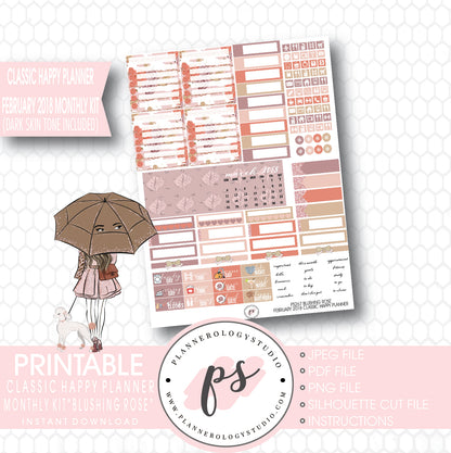 Blushing Rose February 2018 Monthly View Kit Printable Planner Stickers (Dark & Light Skintone) (for use with Classic Happy Planner) - Plannerologystudio