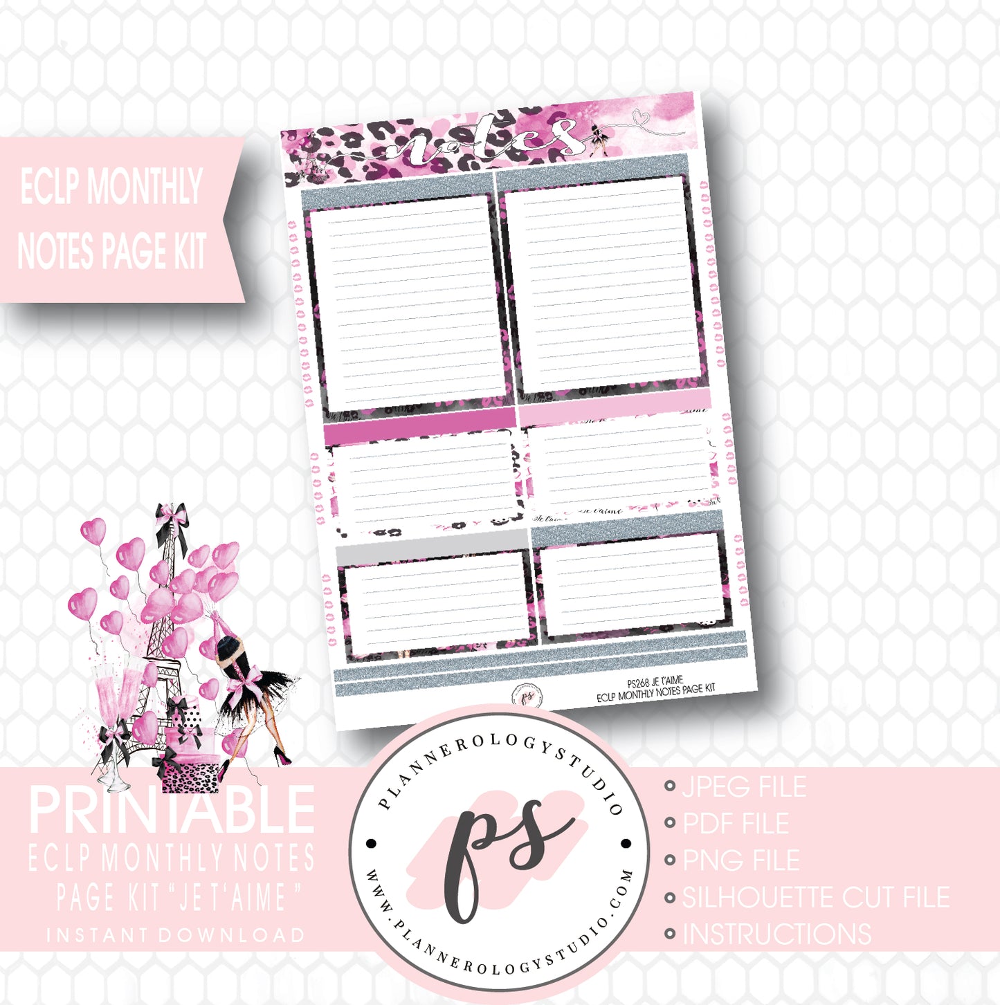 Je T'aime Valentines Day Theme Monthly Notes Page Kit Printable Planner Stickers (for use with ECLP) - Plannerologystudio