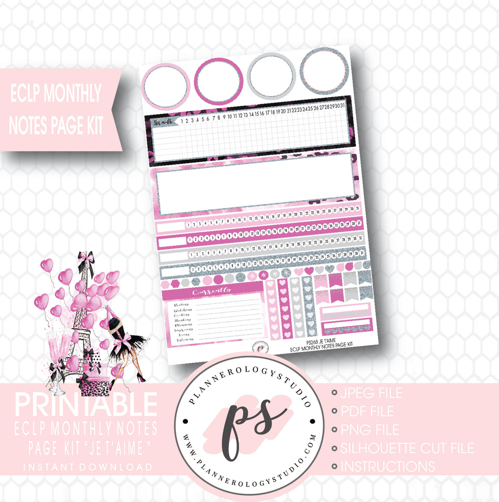 Je T'aime Valentines Day Theme Monthly Notes Page Kit Printable Planner Stickers (for use with ECLP) - Plannerologystudio