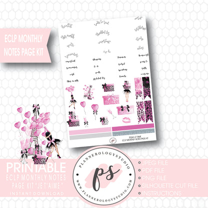 Je T'aime Valentines Day Theme Monthly Notes Page Kit Printable Planner Stickers (for use with ECLP) - Plannerologystudio