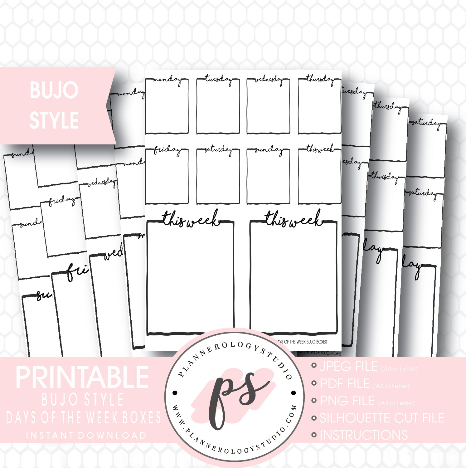 Bullet Journal Bujo Days of the Week (Monday to Friday) Boxes Printable Planner Stickers - Plannerologystudio